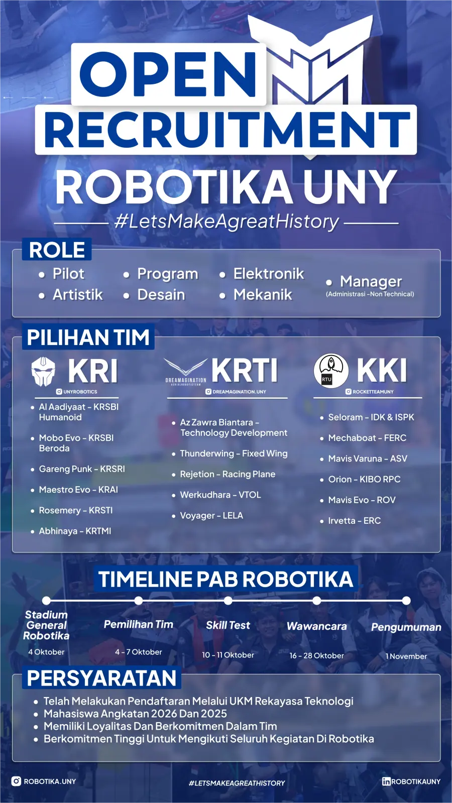 Pamflet Open Recruitment Robotika UNY: role, pilihan tim, timeline PAB, dan persyaratan